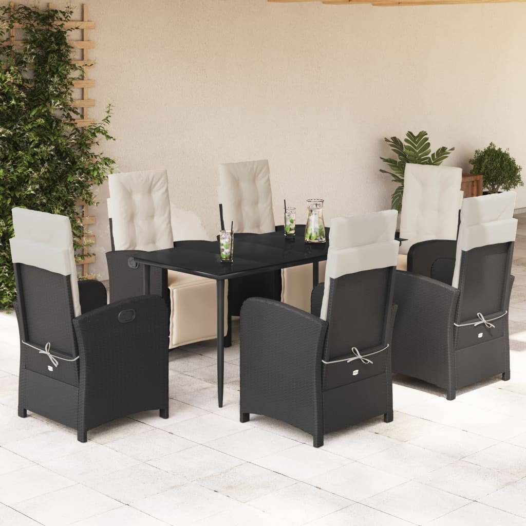 7-tlg. Garten-Essgruppe mit Kissen Schwarz Poly Rattan